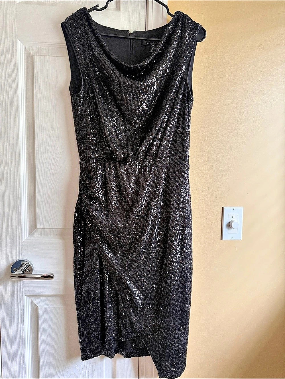 White House Black Market Sequin Draped Sheath Dress Black Midi Size 10